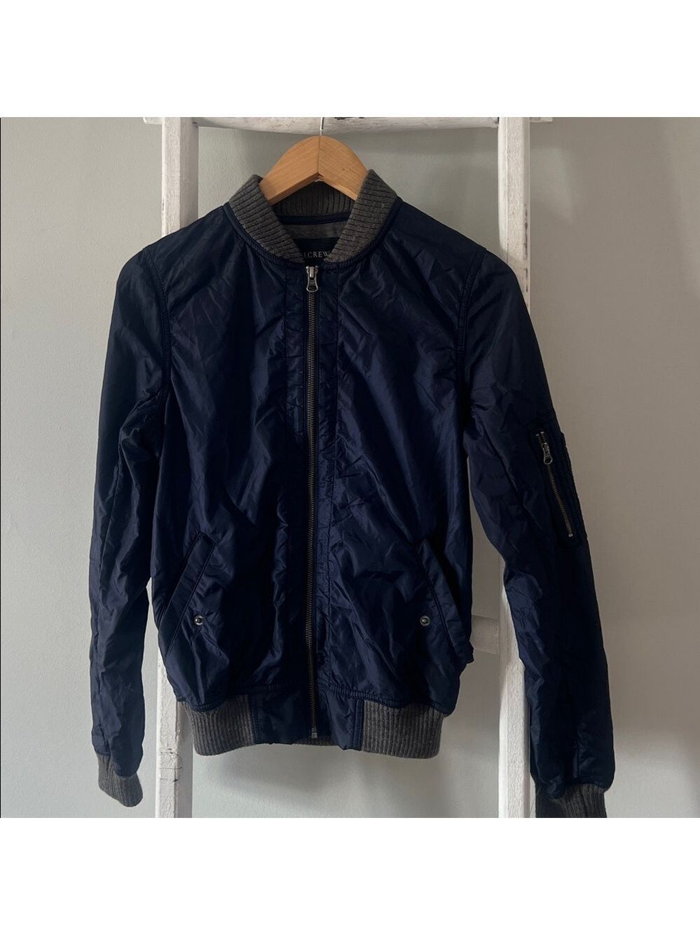 J. Crew navy Blue sweatshirt lined nylon bomber Jacket with Gray Accents small - Picture 3 of 10